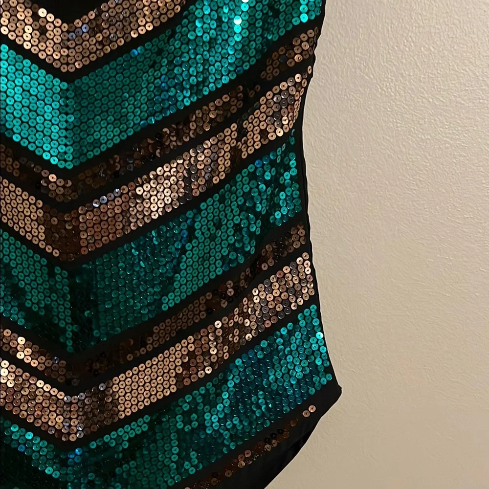 Sequin Aqua, Brown, Gold & Black Sequin Chevron Top - Picture 3 of 5